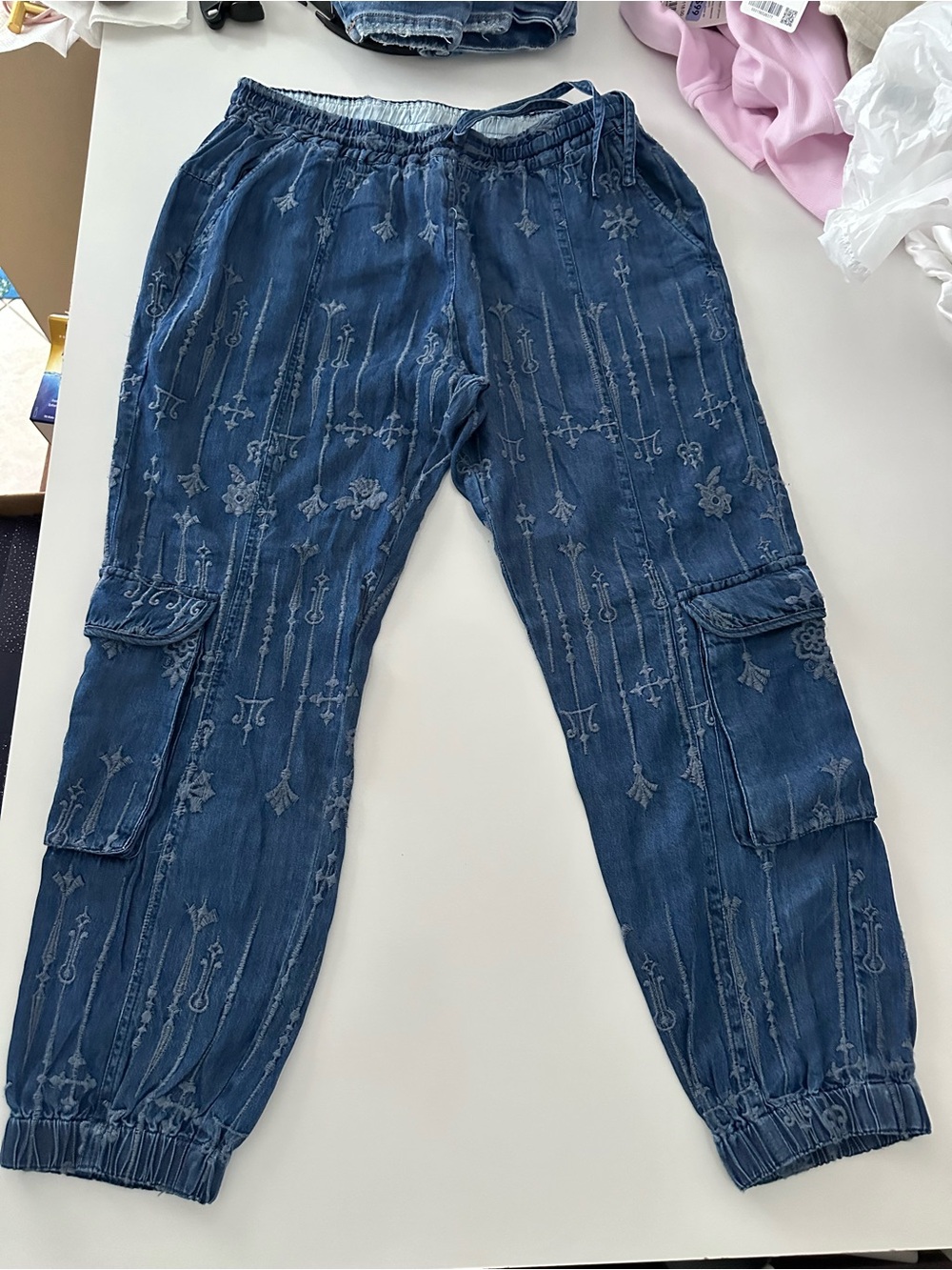 Johnny Was Indigo Embroidered Cargo Joggers